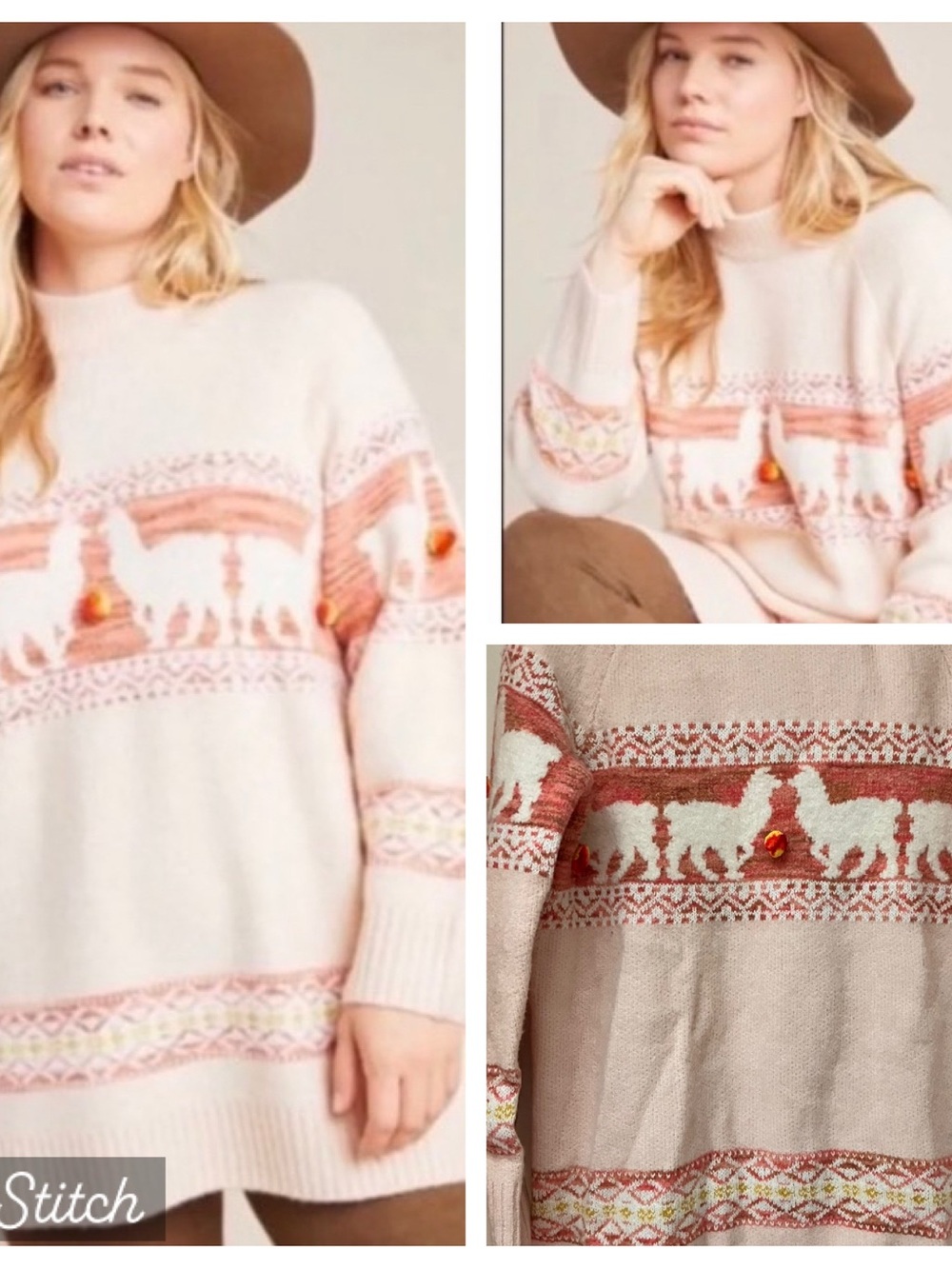 NWT Anthropologie Aimee Pommed Pink Llama Fair Isle Pom Pom Sweater Size S